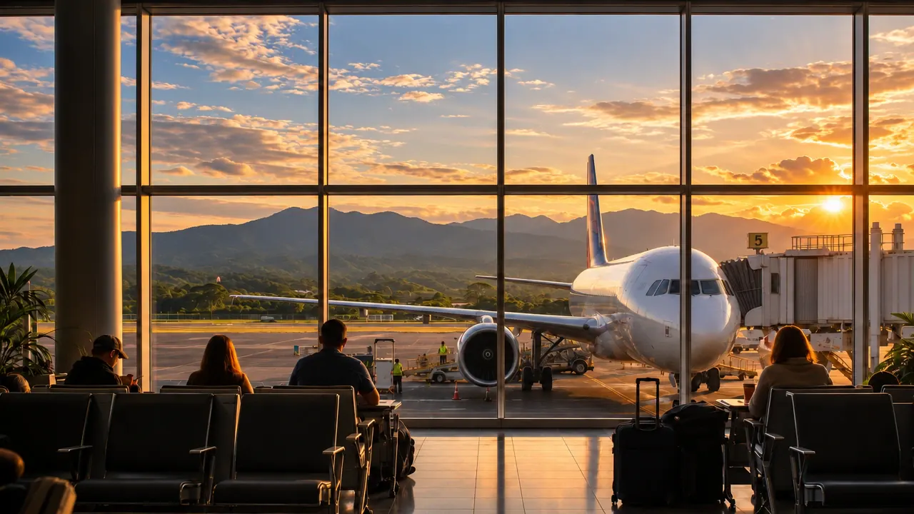 Travellers waiting by the gate windows at sunset, with a plane parked outside and mountains beyond