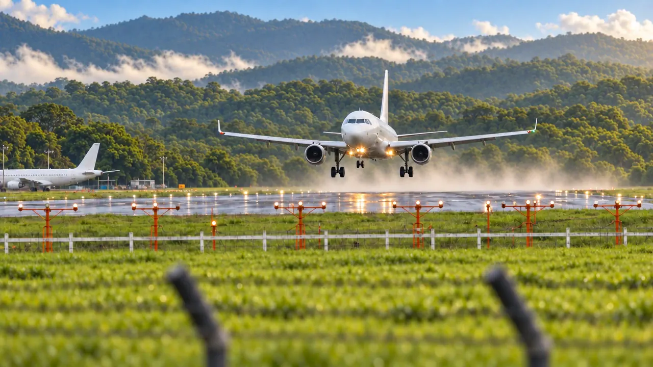 A plane coming in to land over a runway, with forested hills behind