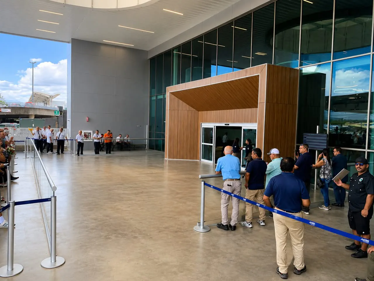 Drivers waiting behind the barriers outside the arrivals exit at San José Airport