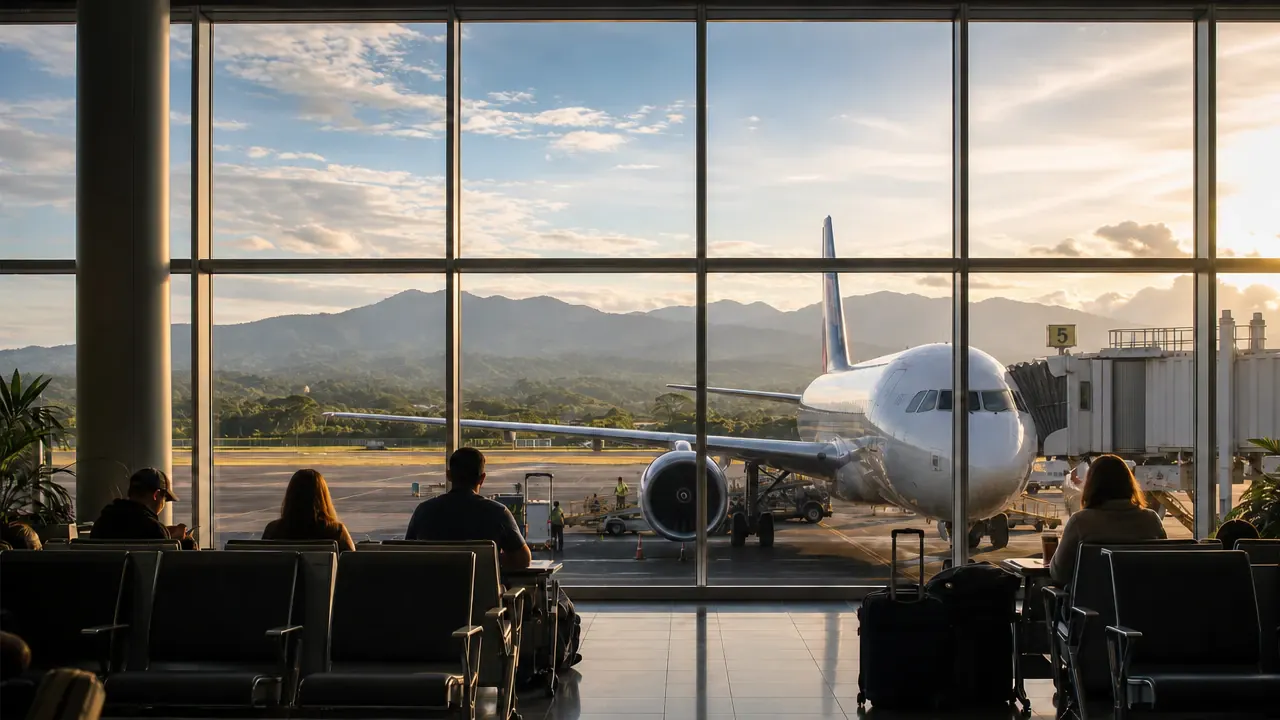 Travellers waiting by the gate windows, with a plane parked outside and green mountains beyond