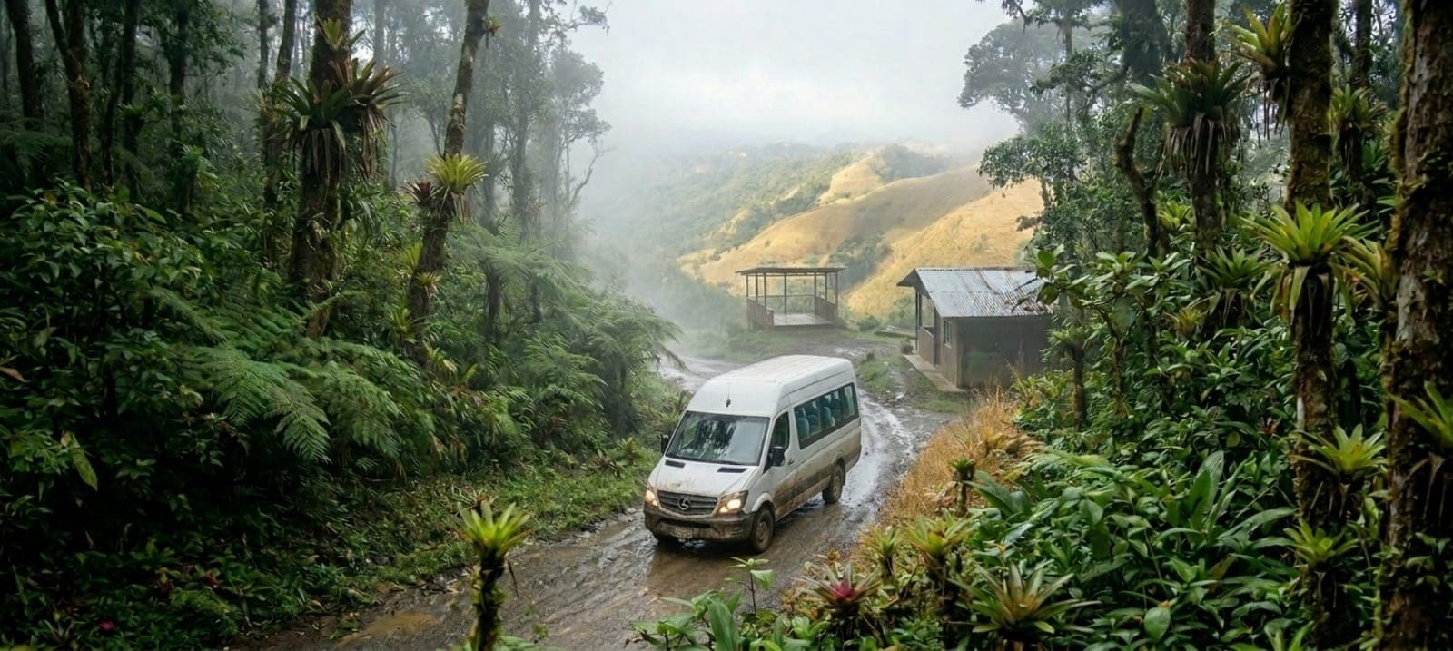Tourists traveling into a private shuttle van in Costa Rica's rainforest