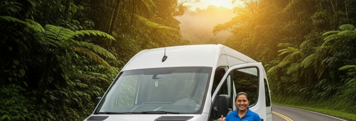 Professional driver assisting guests into branded vehicle at a Costa Rica airport transfer”